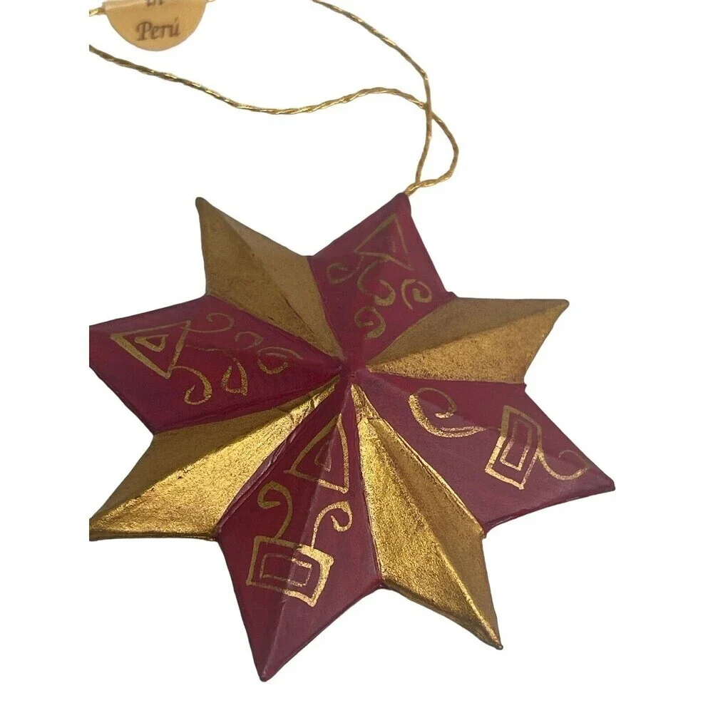Christmas Star Ornament Gold Red 2” Made In Peru